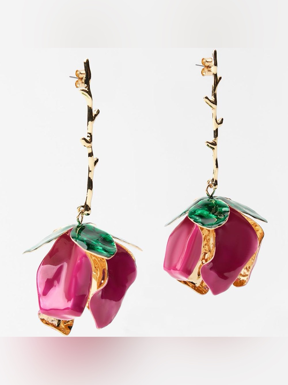 Vintage Gold Twig Drop Earrings with Pink Petals and Green Leaves